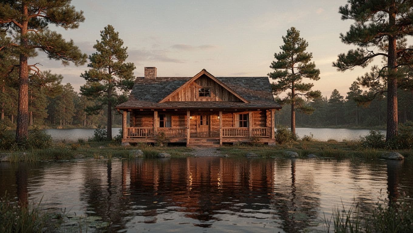 Rustic wooden lodge with porch overlooks calm lake at dusk, pine-framed in golden light, green Park Lodge band at top.