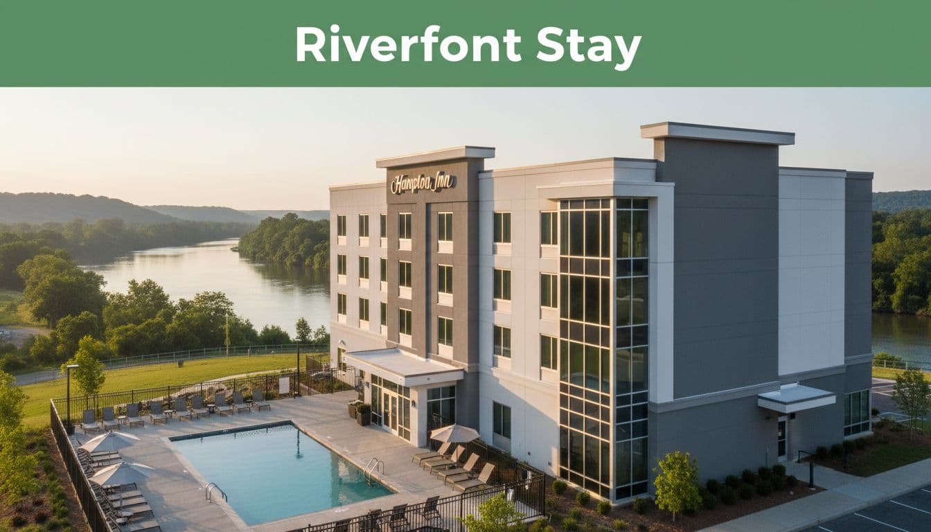 Modern Hampton Inn exterior on Coosa River banks with cozy outdoor pool and lounge chairs under sunny sky, green top band with 'Riverfront Stay' headline.