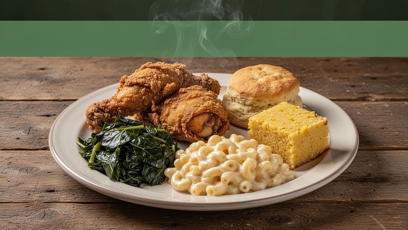 Green top band with 'HARDYS FAMILY' above plate of fried chicken, collards, mac cheese, cornbread on wooden table.