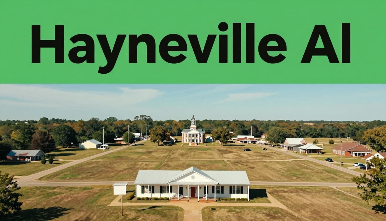 Rural Hayneville landscape with open fields, county roads, foreground building, distant courthouse under blue sky, and top 'Hayneville AL' green headline band.