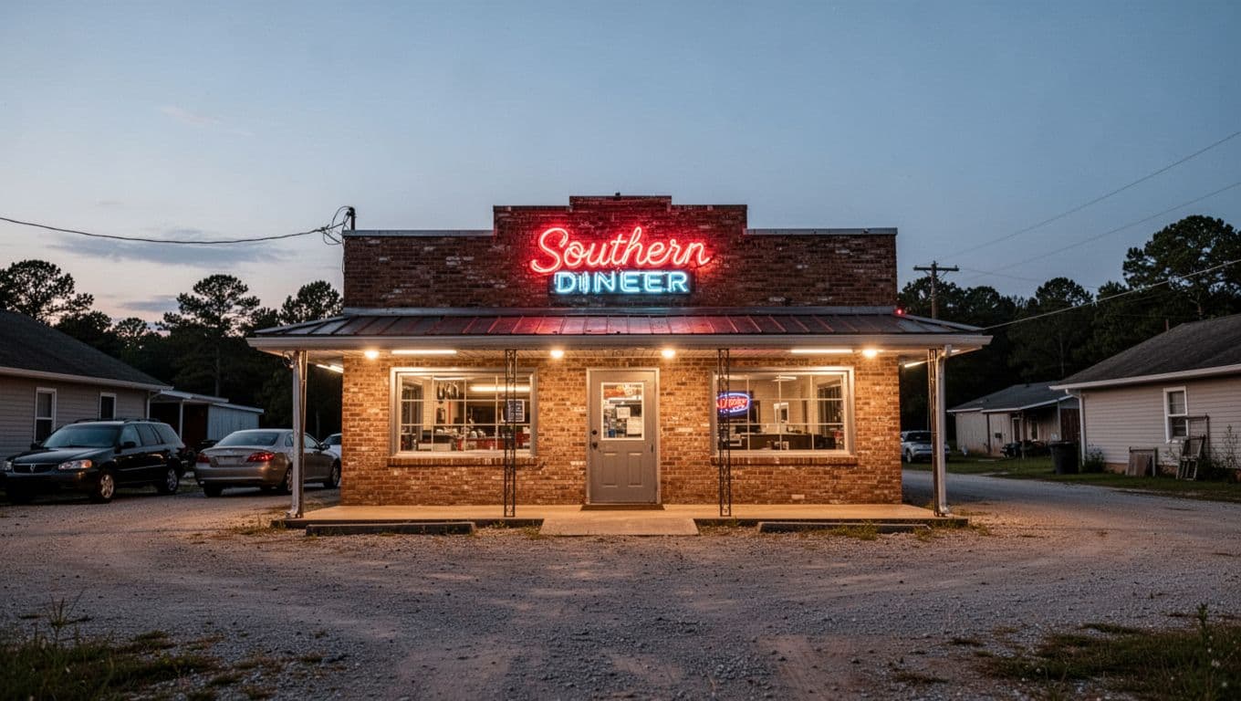 Brick facade of small Southern diner with blurred neon sign, gravel lot with few cars, twilight sky.