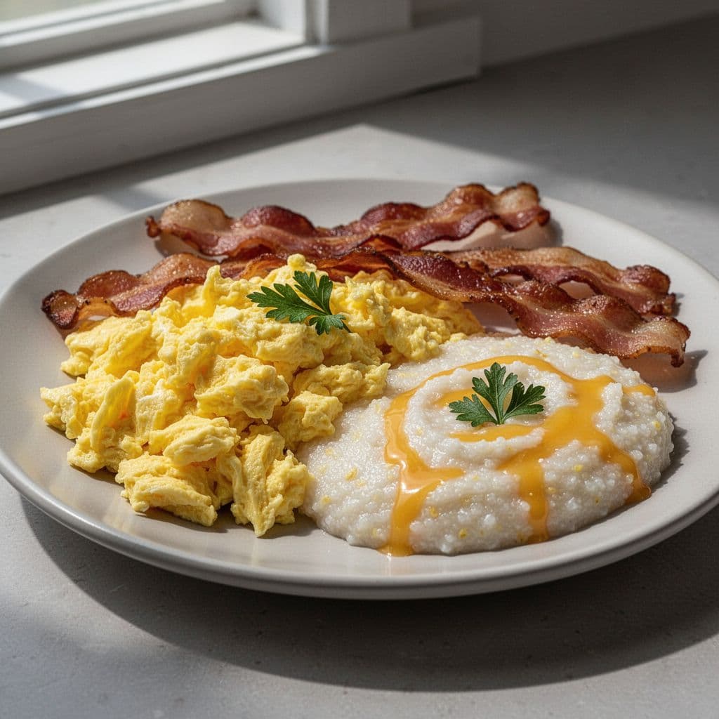 A close-up view of a traditional Southern breakfast featuring crispy bacon, eggs, and creamy grits.