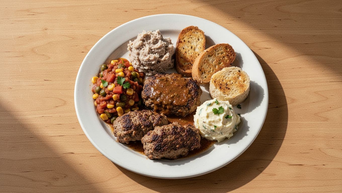 Plate of hearty Southern comfort food on wooden table with green 'Hearty Meals' headline band at top.