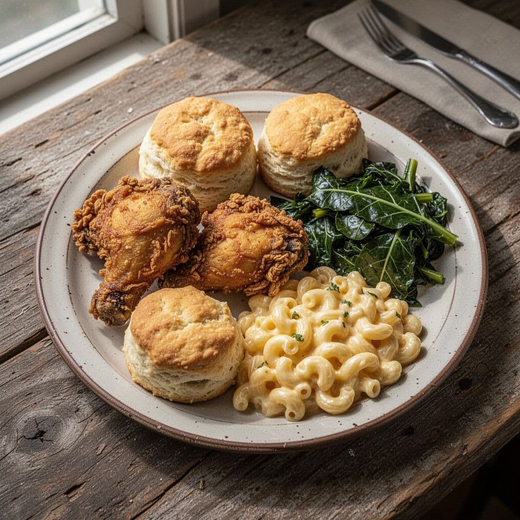 A top-down view of fried chicken served with classic sides on a rustic plate.