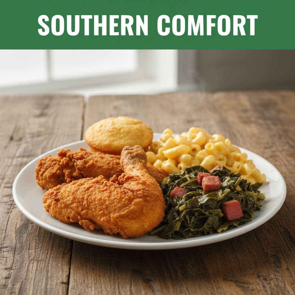 A hearty Southern-style plate on a rustic table.
