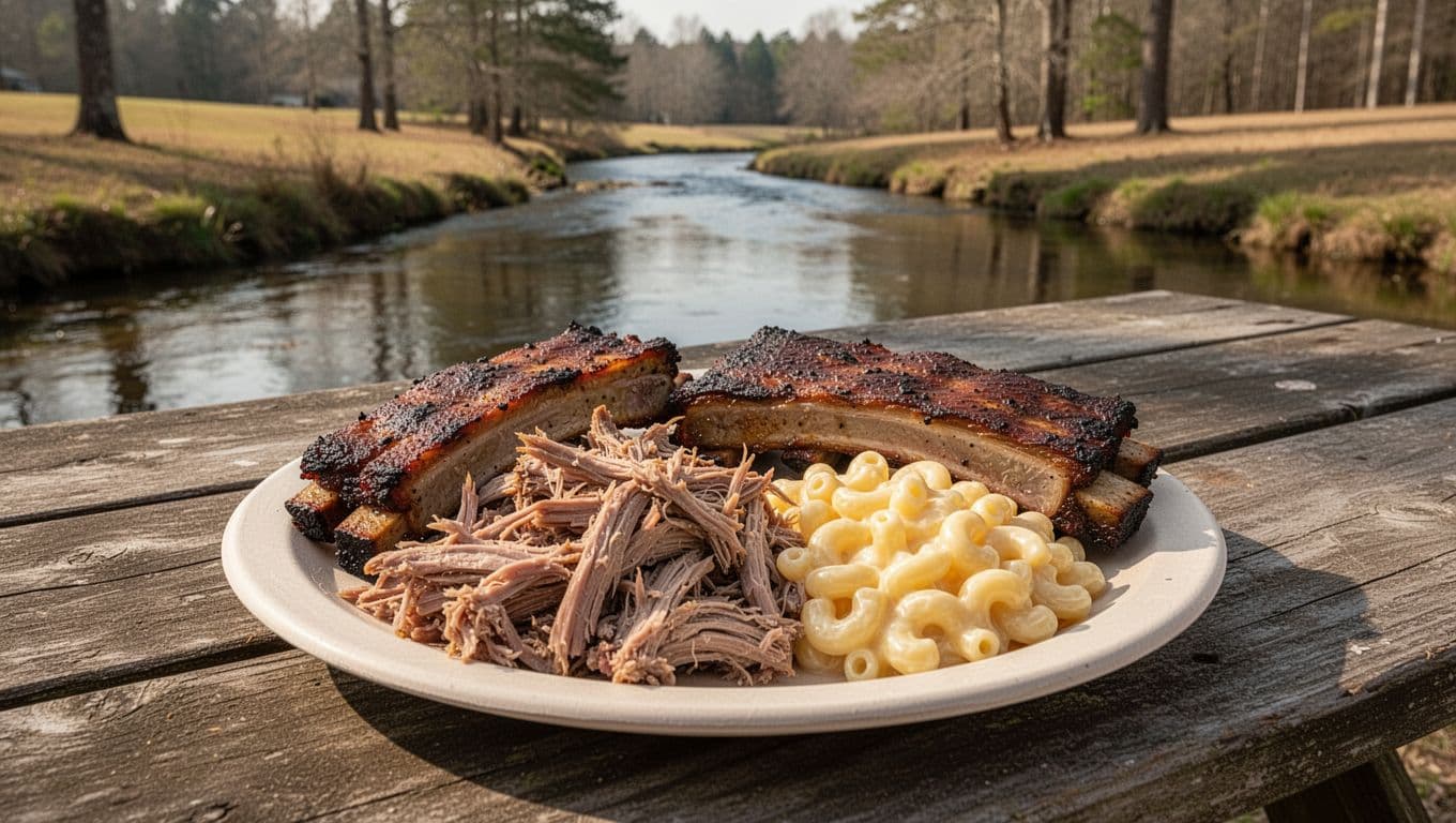 Plate of pulled pork, ribs, and mac and cheese on wooden picnic table beside creek.