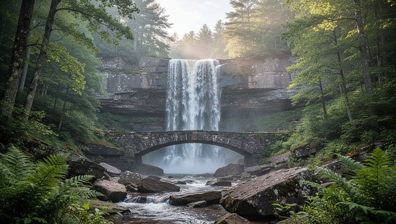 High Falls cascades 35 feet over rock face amid lush forest, misty morning light, with green 'High Falls' header band at top.