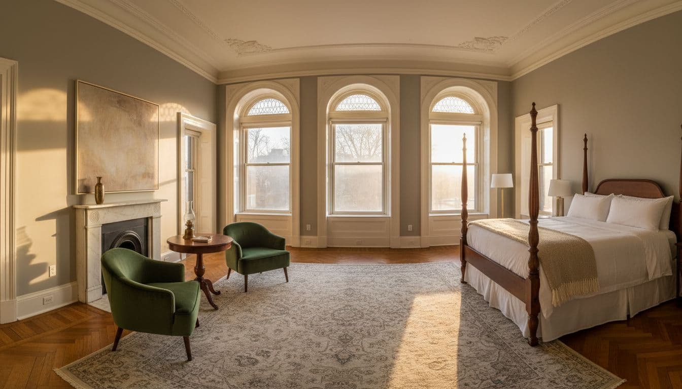 Sunlight streams through large windows into a high-ceilinged historic hotel room furnished with tasteful antique decor.