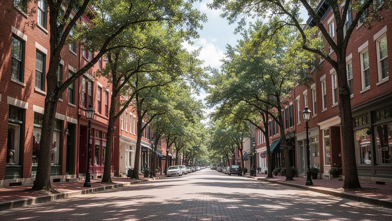 A peaceful street scene featuring historic brick buildings and mature trees under bright daylight.