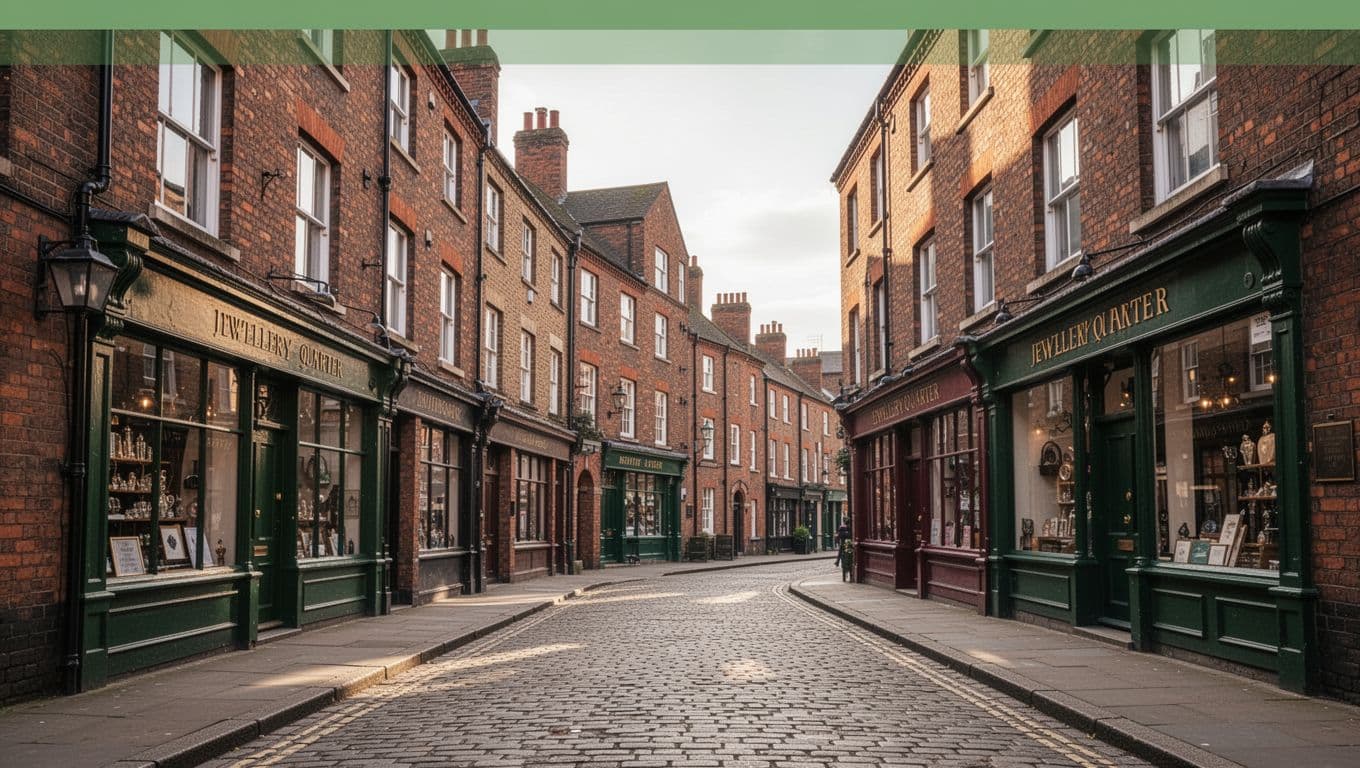 A historic street featuring industrial brick architecture under a bold green header in Birmingham's Jewellery Quarter.