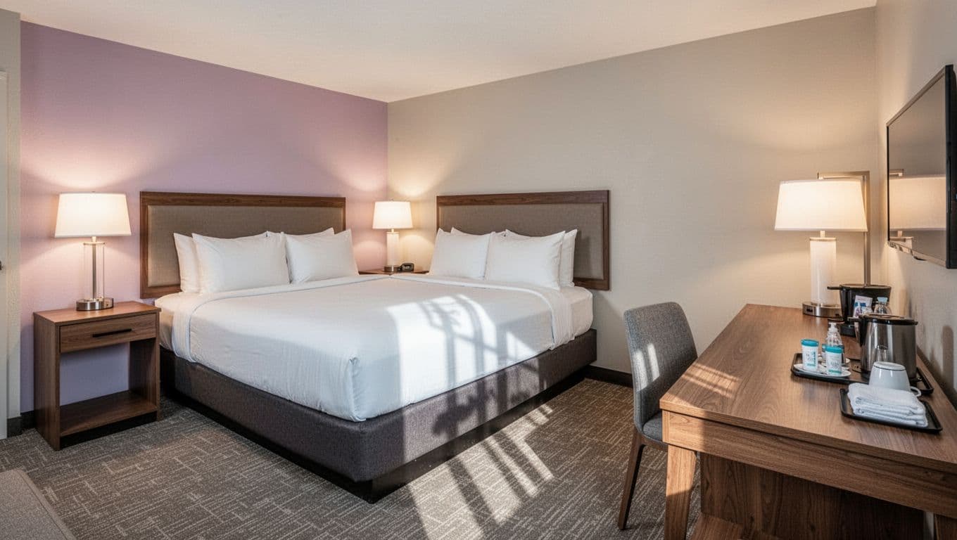 Clean modern suite with bed, desk, amenities, and 'Family Suites' green headline band.