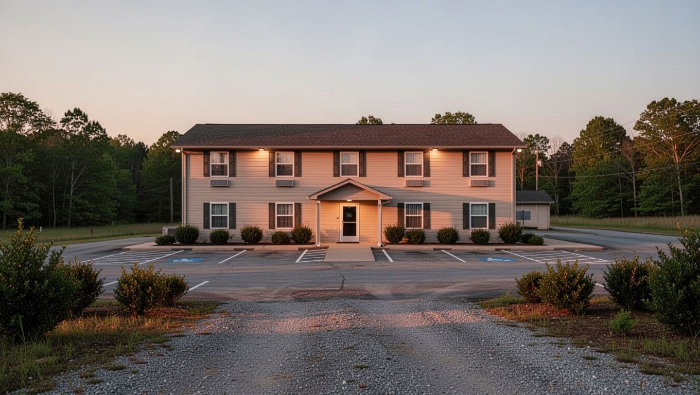 Holiday Inn Express hotel facade in rural evening with parking lot, entrance sign, and top green banner reading FORT PAYNE STAY.