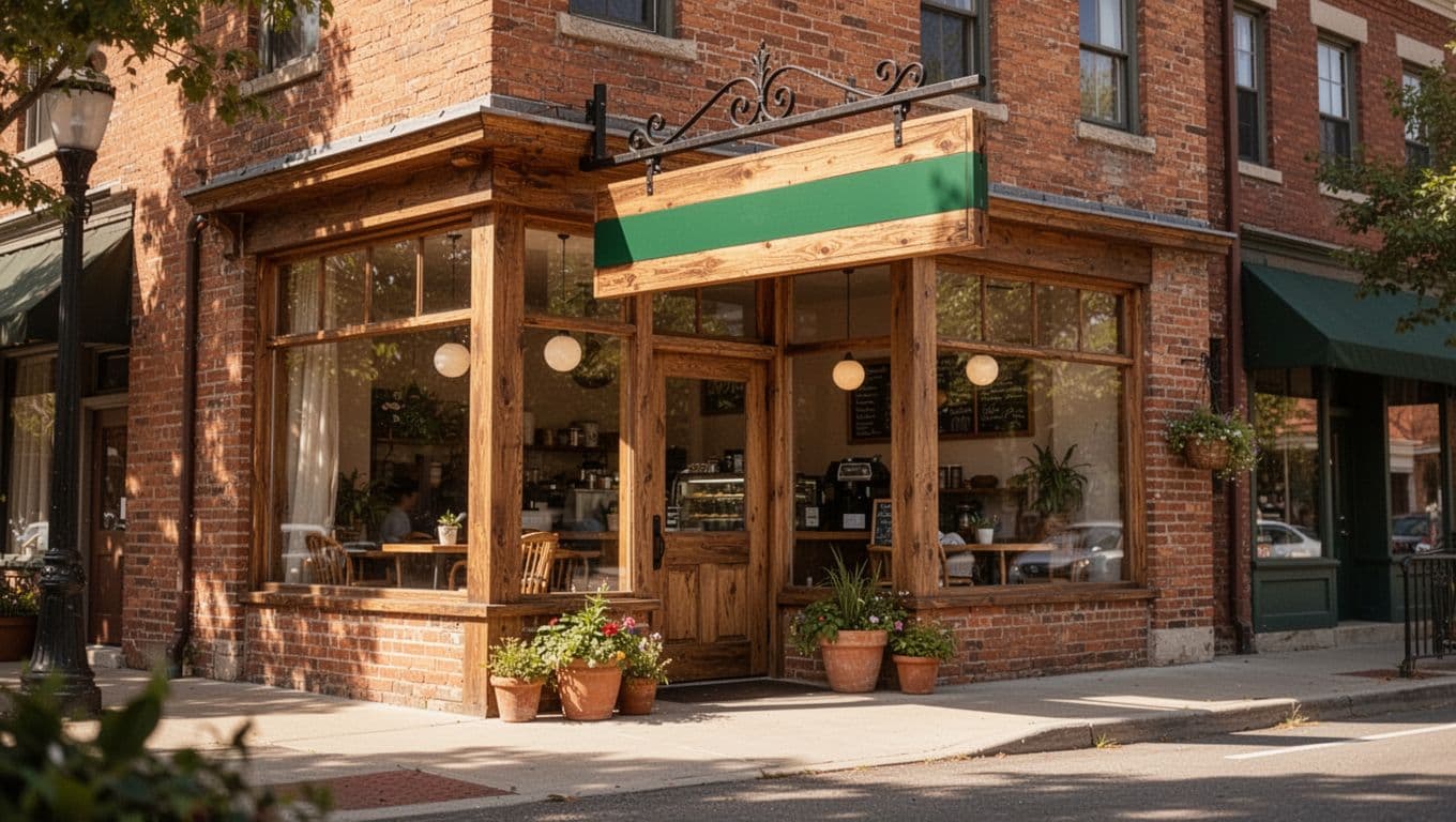 Brick facade cafe with wooden sign and green 'Local Favorites' banner in bright daylight.