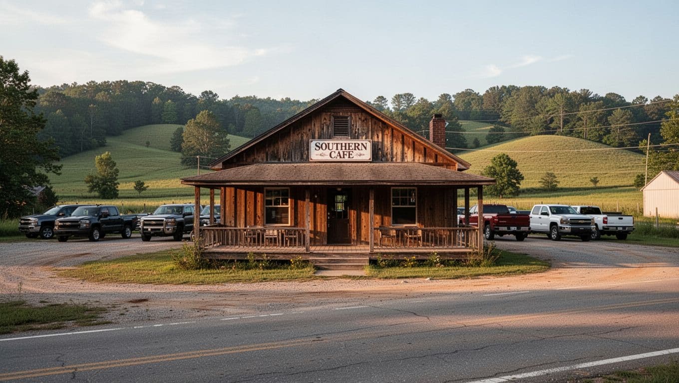Green 'HOMESTEAD CAFE' band tops wooden cafe building, parking lot with trucks, green hills in afternoon light.