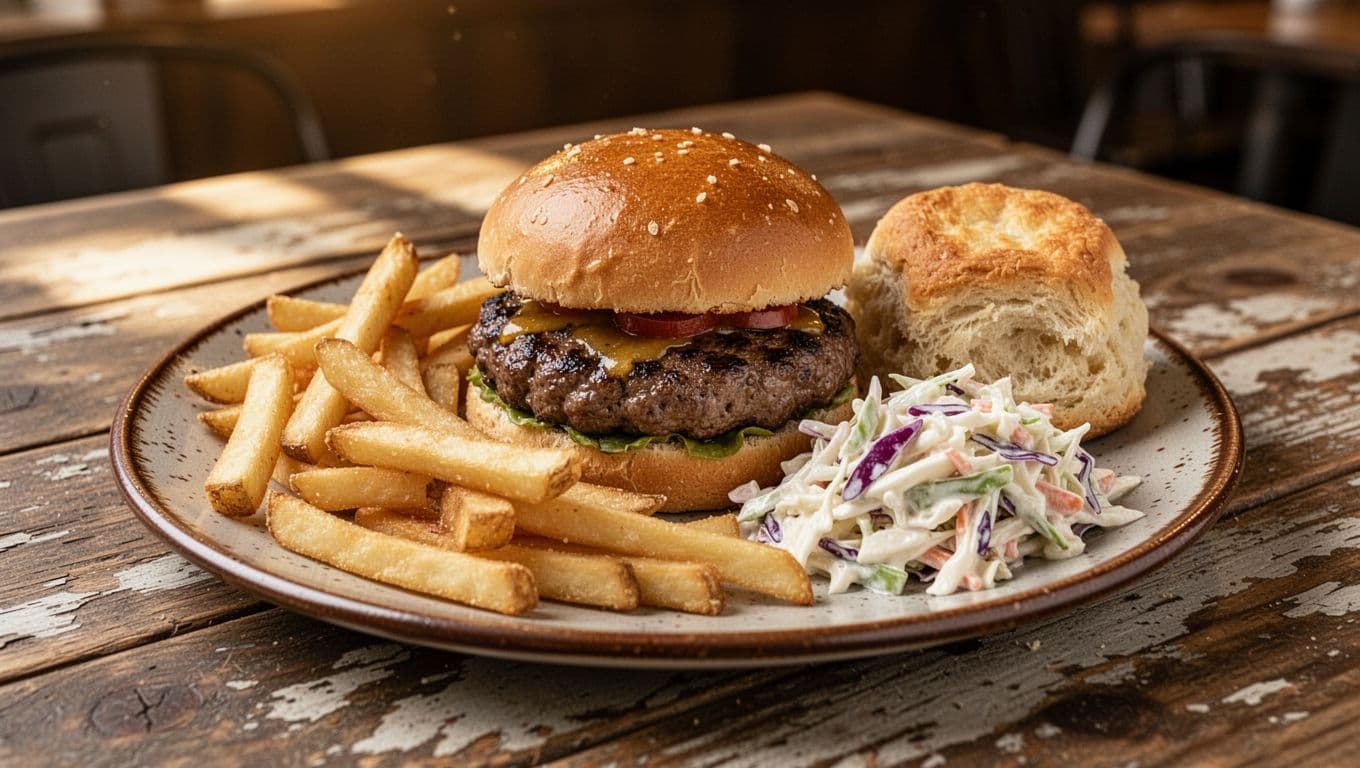 Plate of juicy hamburger, golden fries, coleslaw, biscuit on wooden table with green band and Homestyle Plate headline.
