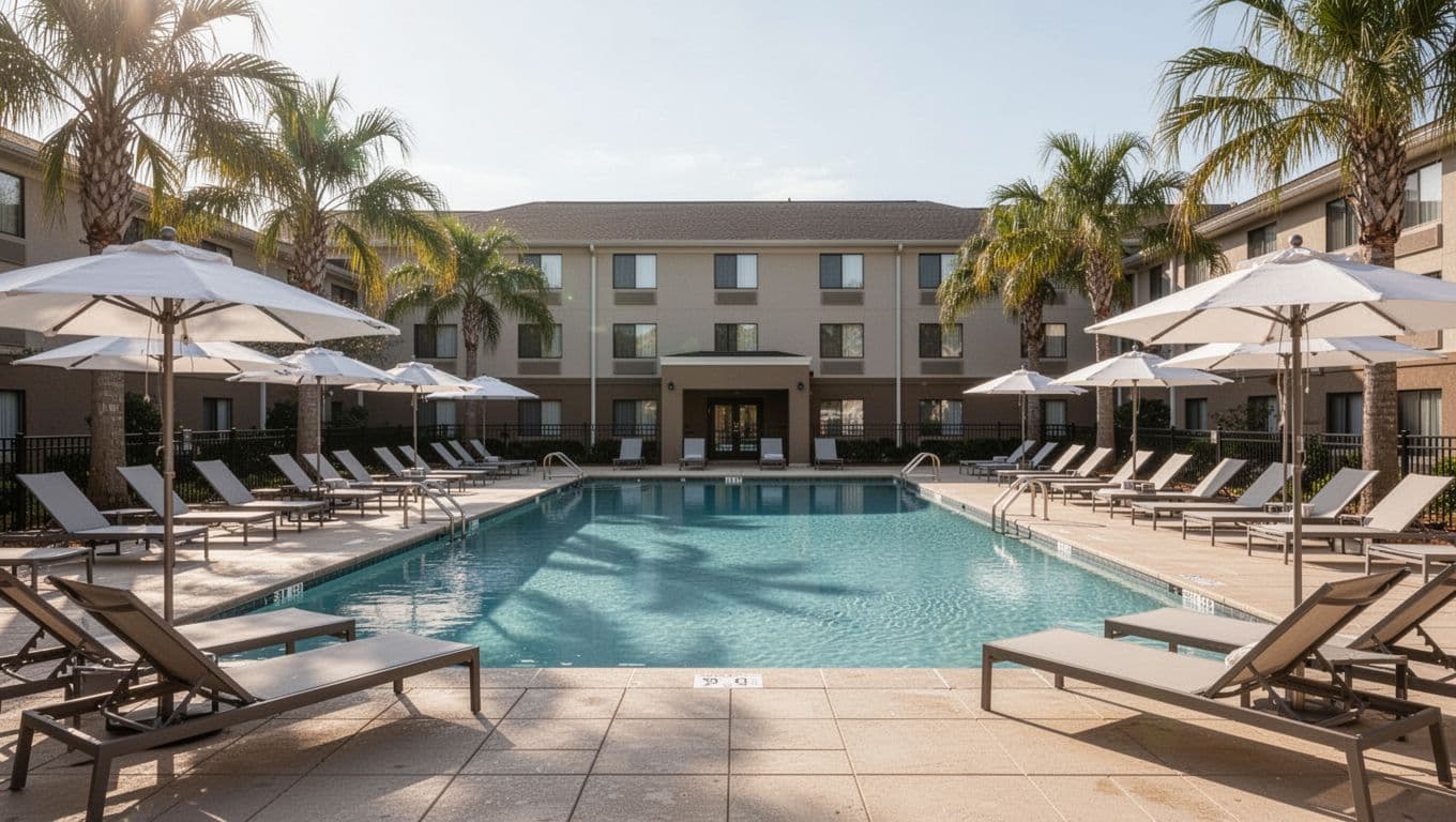 Empty hotel pool deck with lounge chairs, umbrellas, palm trees, sunny light, and building background; green top band with 'Hoover Poolside' text.