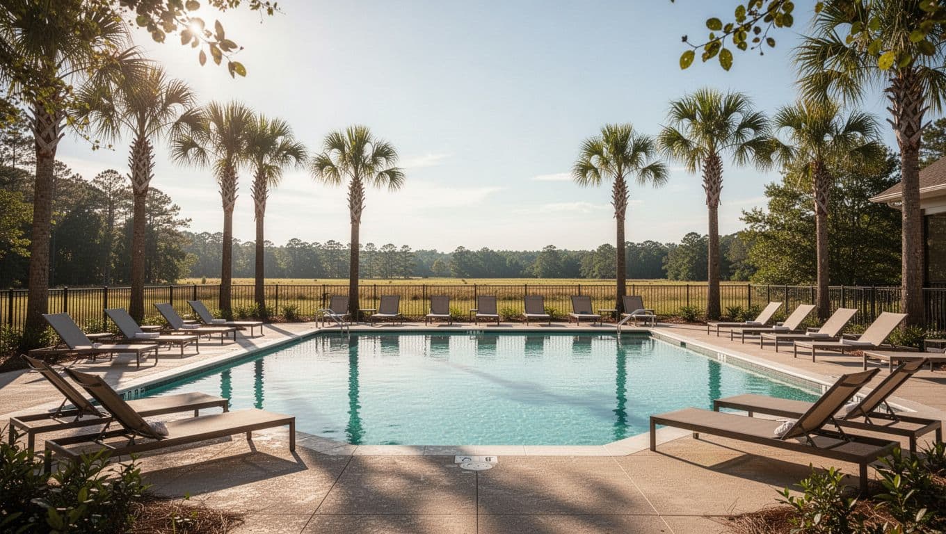 Green band with HOTEL AMENITIES headline above empty outdoor pool, lounge chairs, palm trees in sunny Alabama countryside.