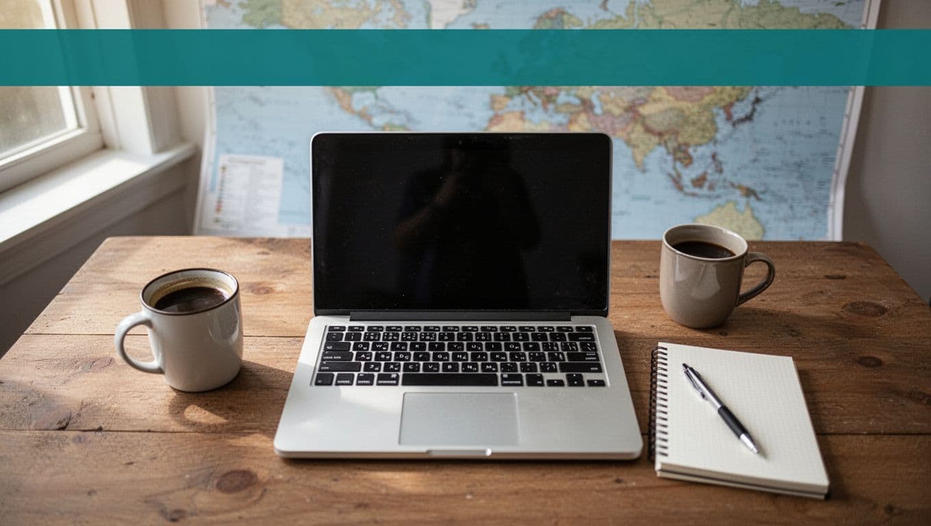 Overhead view of open laptop on wooden table with coffee mug, notebook, and pen; blurred Alabama map background; green header band with white 'Booking Tips' text.