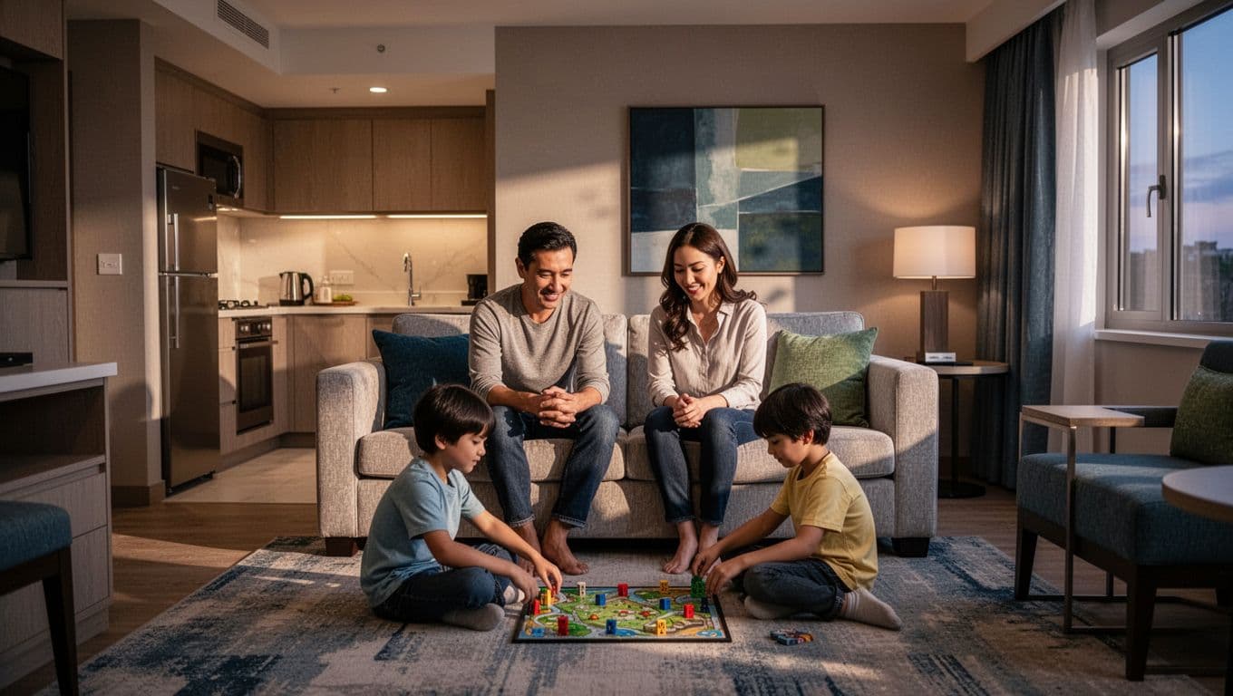 Two kids play board game on floor, parents relax on sofa in modern suite with kitchenette, green 'Family Suites' headline at top.