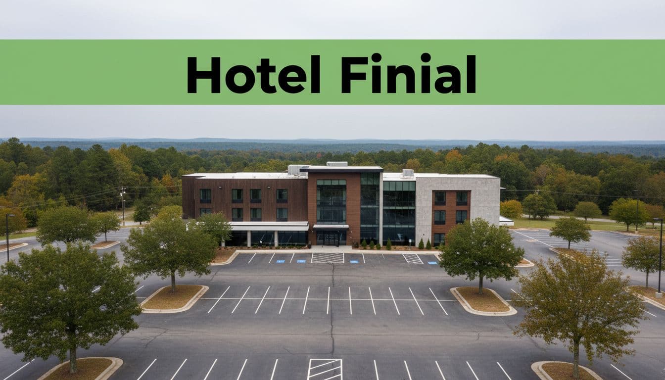 Modern hotel exterior with parking lot and trees in Alabama countryside, green 'Hotel Finial' band at top under overcast sky.