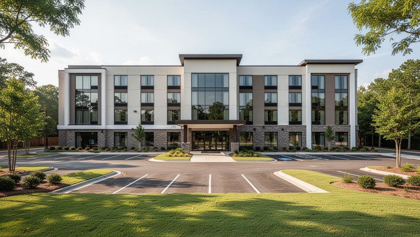 Modern hotel exterior with clean lines, green lawns, parking lot under green band with 'Near Minor' headline.