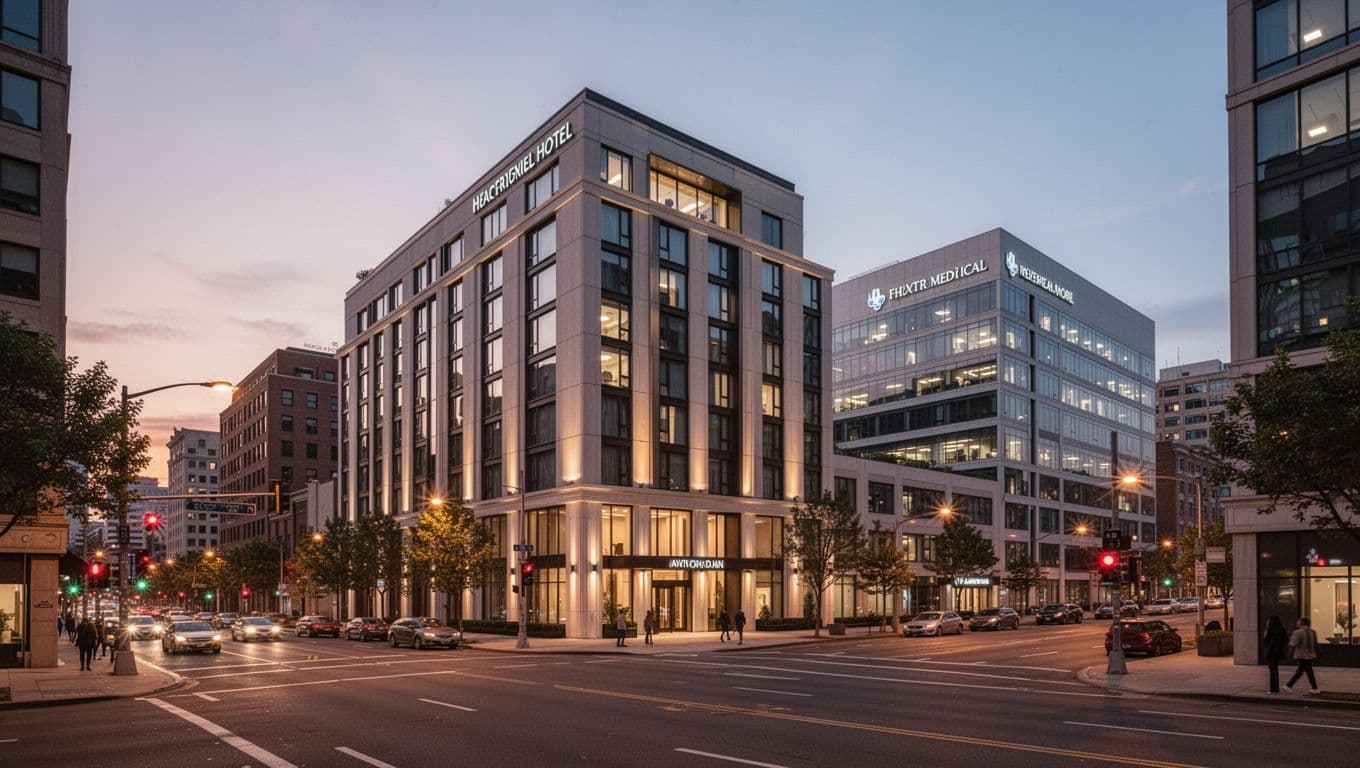 A modern hotel building stands at dusk across the street from a large medical facility.