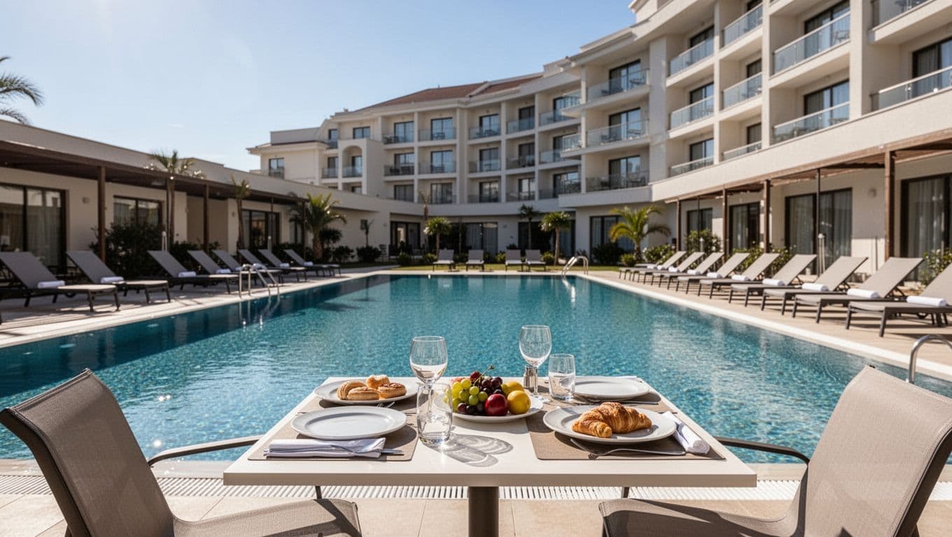 Outdoor pool with lounge chairs and breakfast table near hotel building under sunny sky, topped by 'Key Amenities' headline.