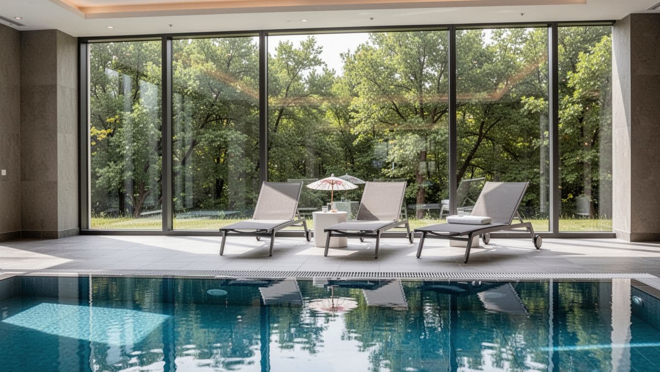 Clean blue indoor hotel pool with two lounge chairs, white table, small umbrella, large windows to green trees, and top green band with 'Core Amenities' headline.