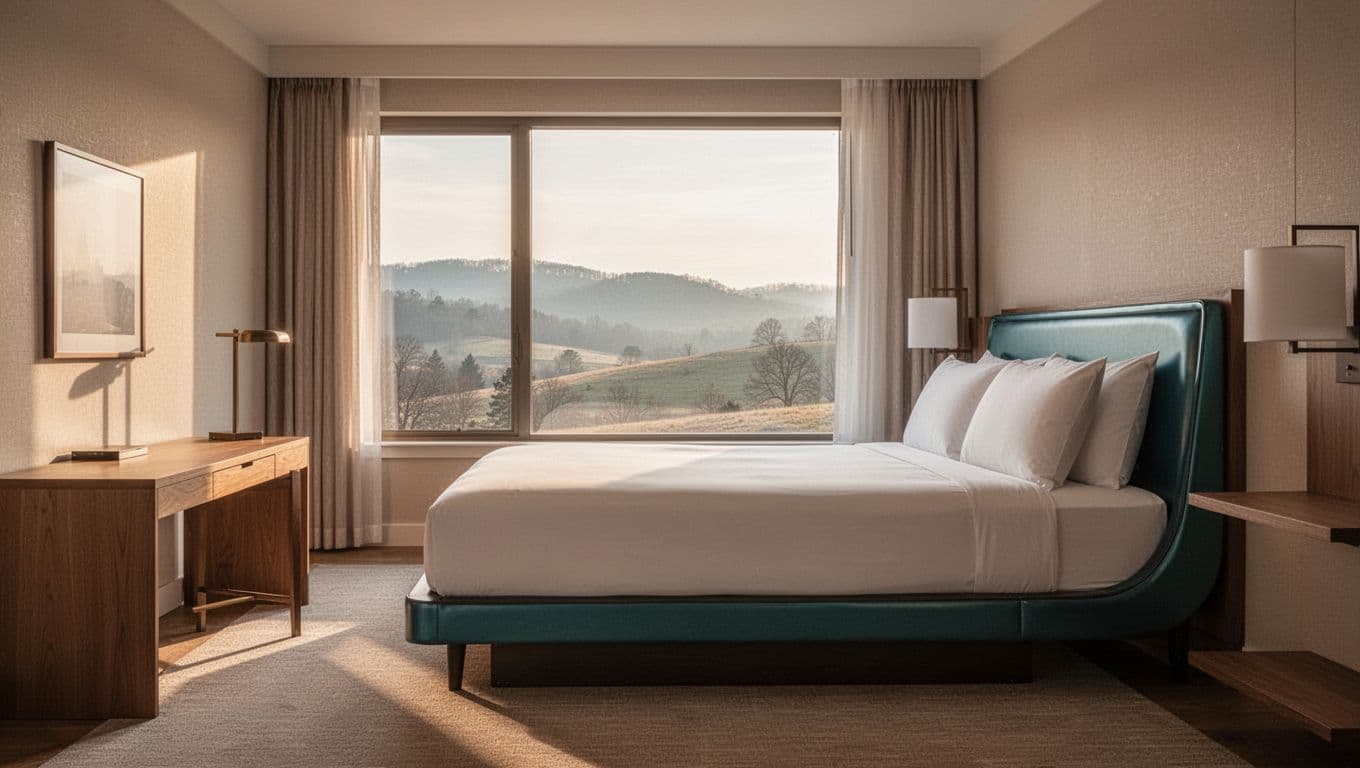 Green 'Room Comfort' header above minimalist hotel room with king bed, green-accented bedframe, desk, and Alabama countryside window view.