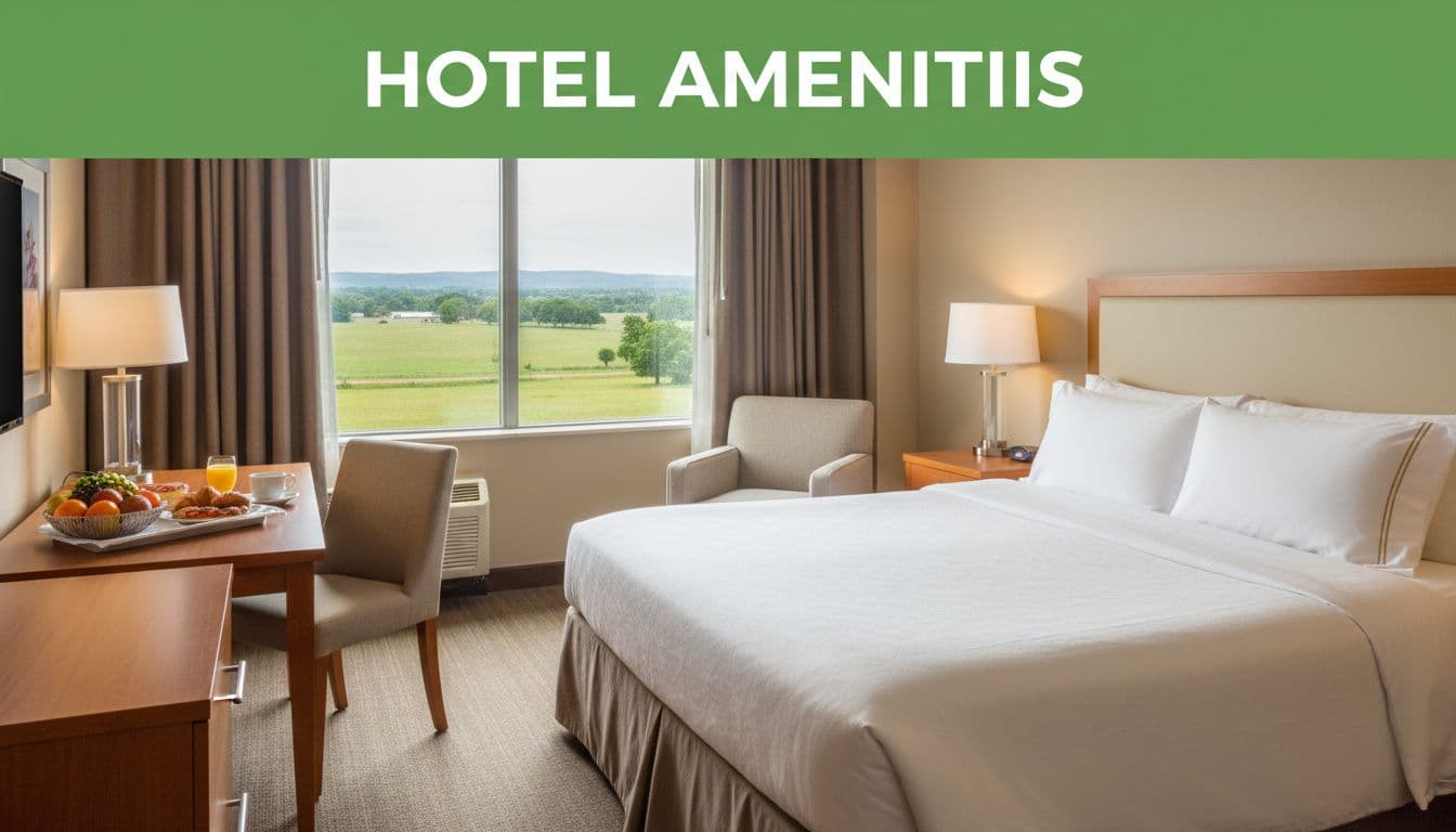 Hotel room with queen bed, desk, chair, breakfast tray, lamp, remote, and Alabama countryside window view under green 'Hotel Amenities' header band.