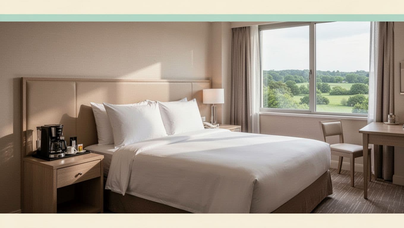 Clean hotel room centered on bed and nightstand with coffee maker, desk, and green landscape window view.