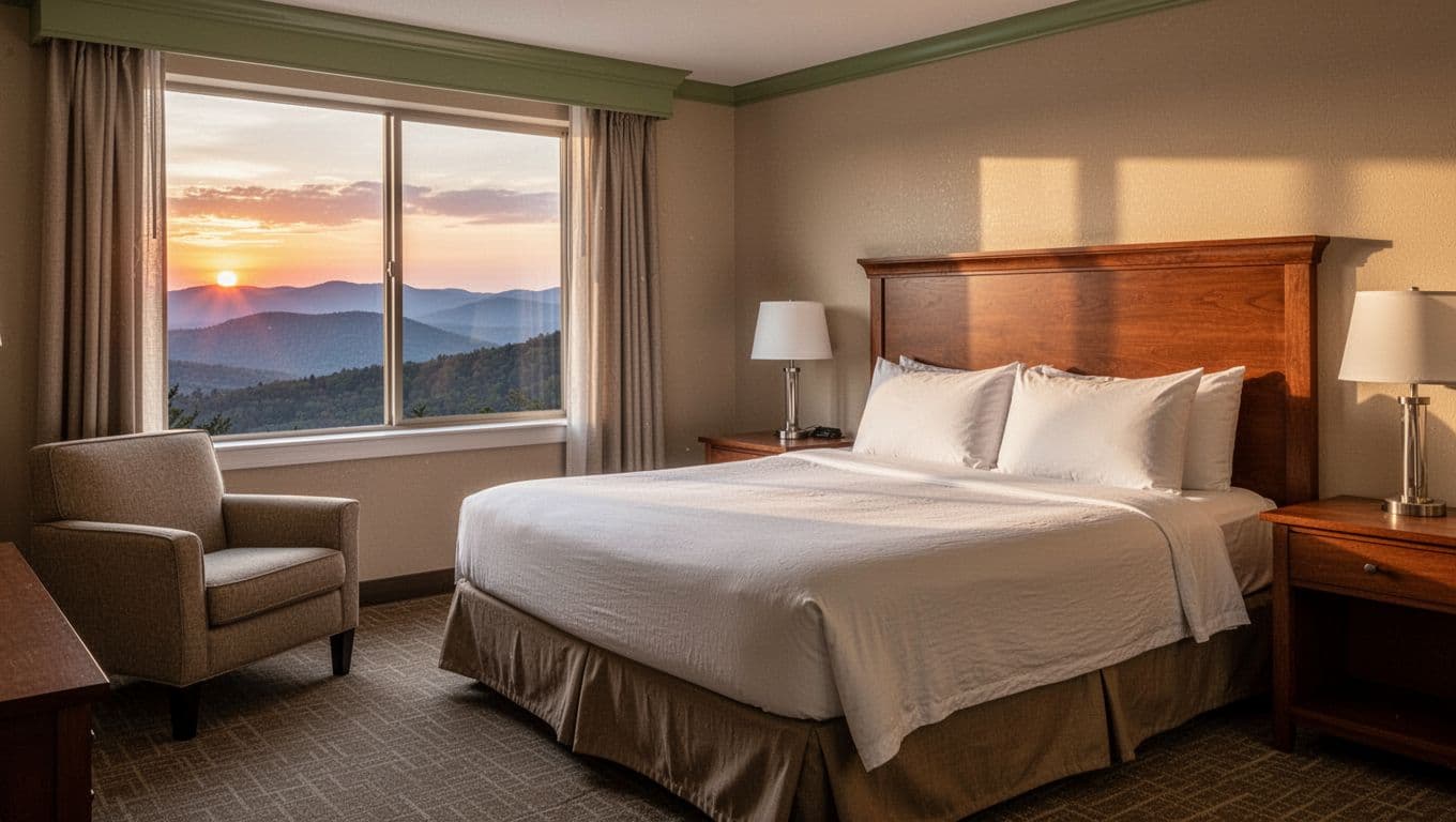 Hotel room interior shows centered queen bed, armchair, wooden accents, and window view of Lookout Mountain ridges at sunset with green top band Hotel Rooms.