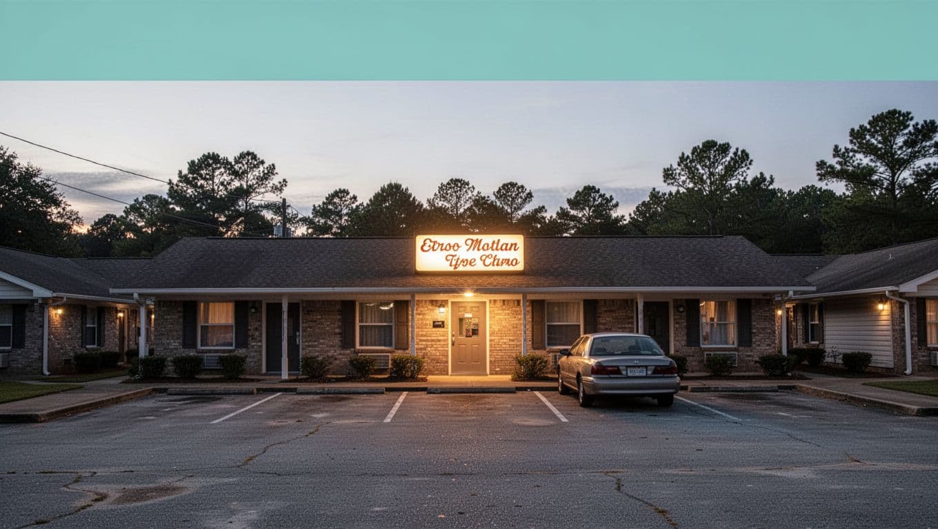 Bold 'Hotel Stay' headline above dusk exterior of simple rural motel with parked car and lit sign.