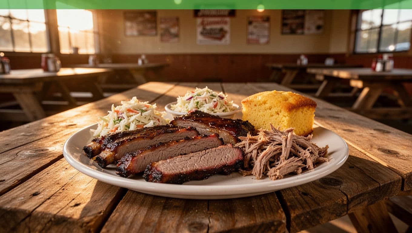 Plate of brisket, ribs, pulled pork, coleslaw, cornbread on wooden picnic table in BBQ joint with top green banner reading BBQ in Houston County.