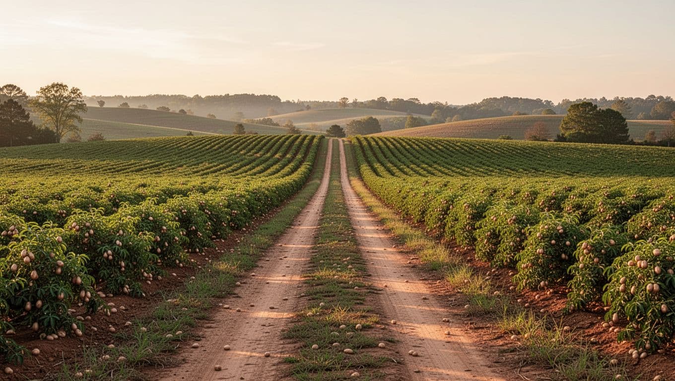 Peanut fields flank a dirt road to the horizon in golden hour light, topped by green 'Houston County Views' header band.