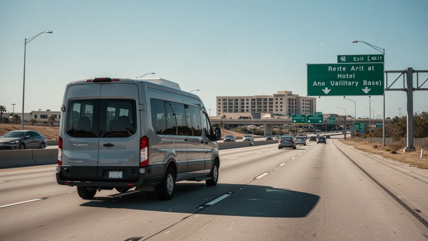 Map view of shuttle van driving from Huntsville Airport to Madison exit on highway with cars and signs, green top band headline Airport Access.