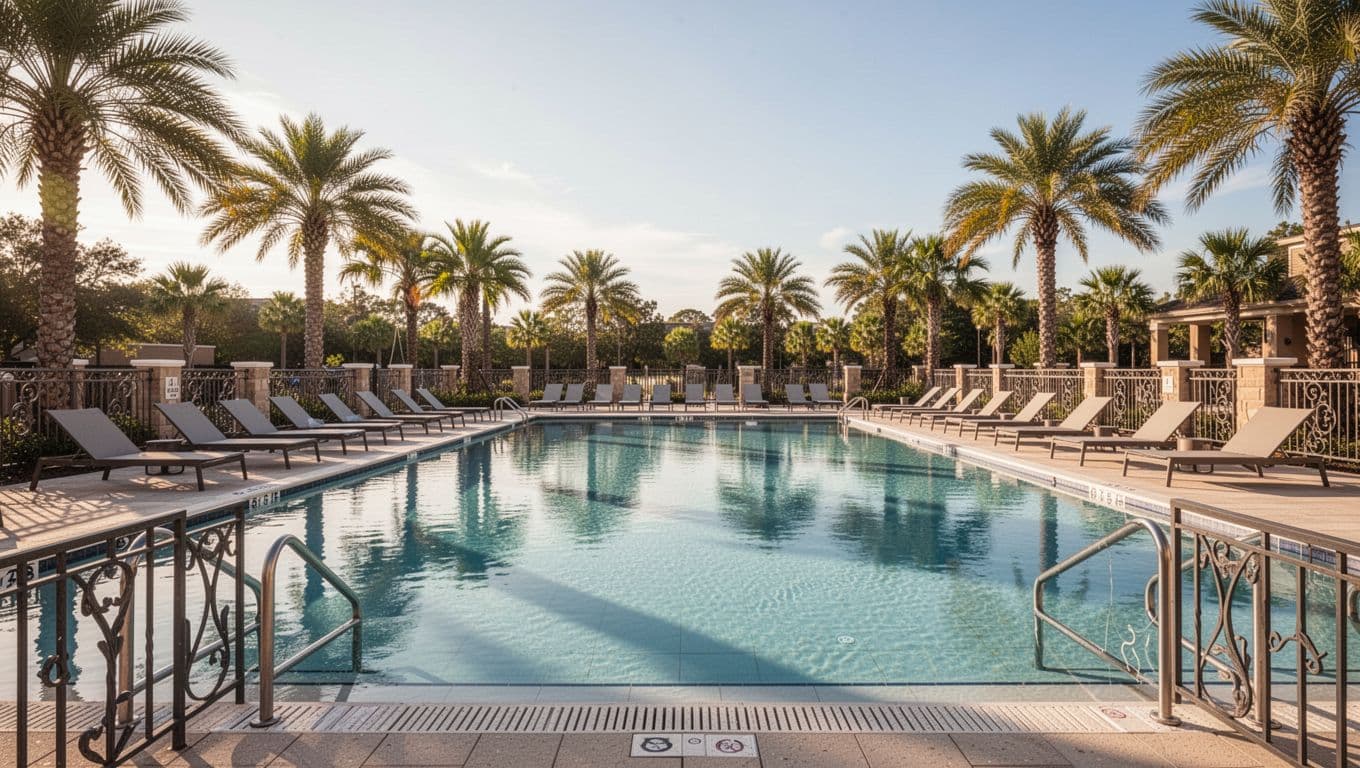 Empty outdoor pool with lounge chairs, palm trees, sunny day, green top band 'Family Suites'.
