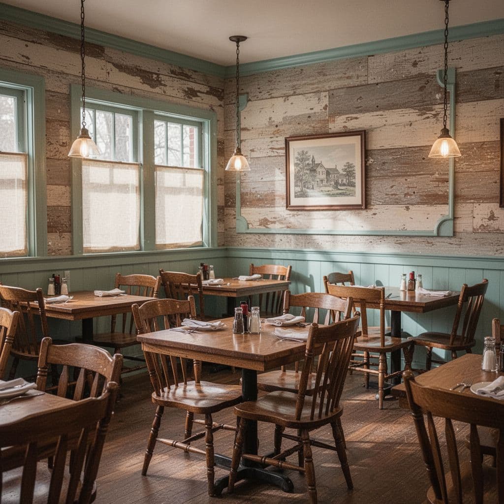 A cozy, sunlit small-town Southern restaurant features rustic wooden tables and chairs in a simple setting.