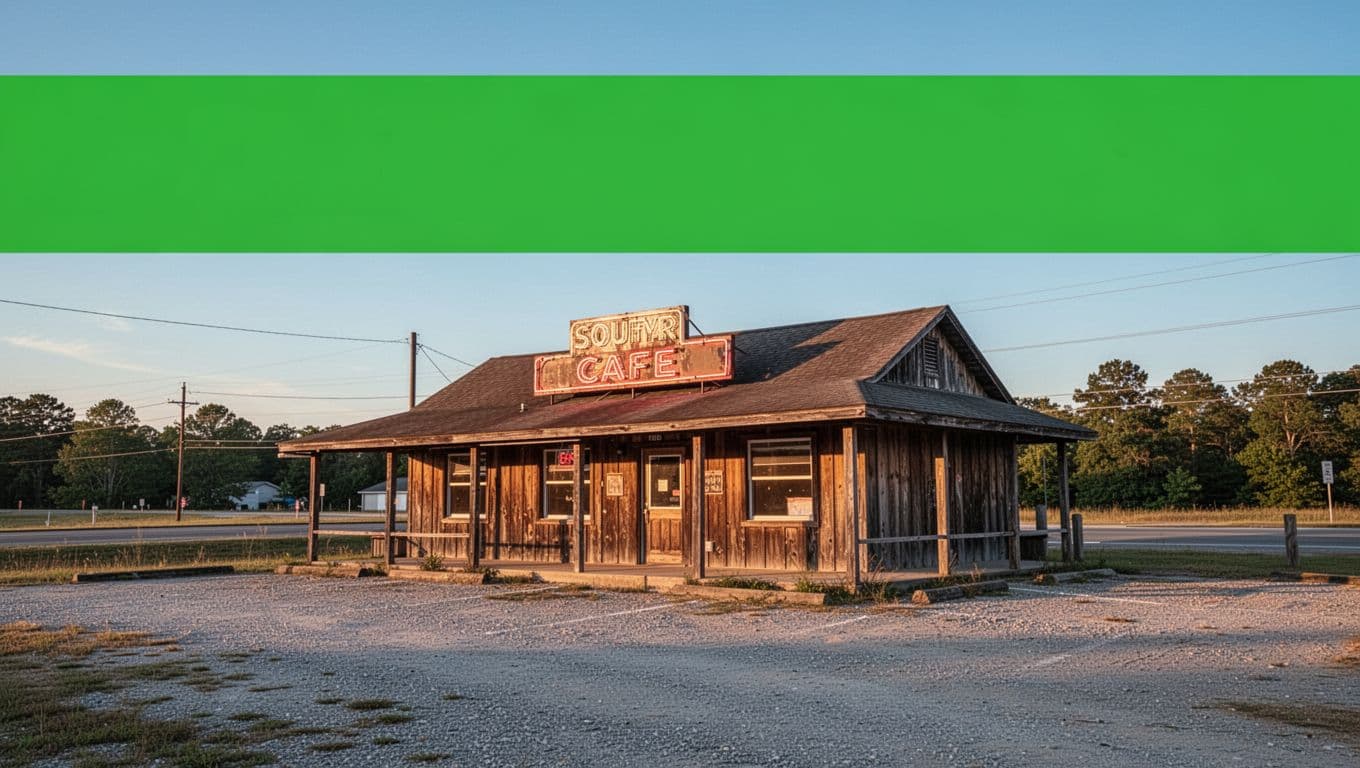Green top banner with bold 'TOP CAFE' headline above rustic wooden cafe building, neon sign, and gravel parking lot under blue sky.