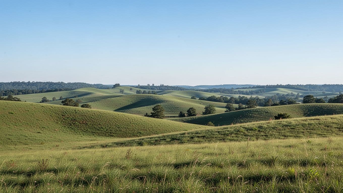 Green, rolling hills extend across a rural Alabama landscape under a clear blue sky.
