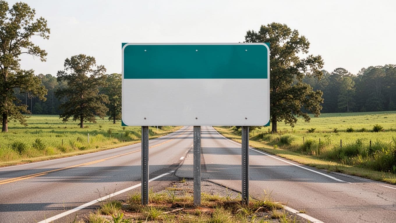 I-20 highway sign roadside in rural Talladega County Alabama with green fields trees and straight road ahead.