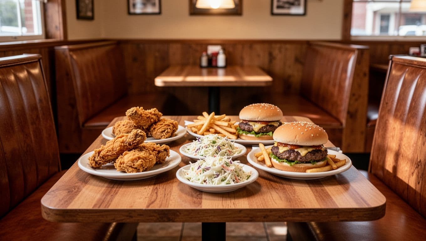 Cozy Southern diner table with fried chicken, burgers, fries, coleslaw under warm lights and JACK'S DINER green banner.