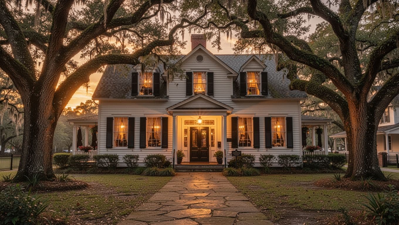 Historic Jesse's Restaurant exterior at sunset, oak trees framing entrance, glowing windows, pathway to door, green header band with bold white title above.