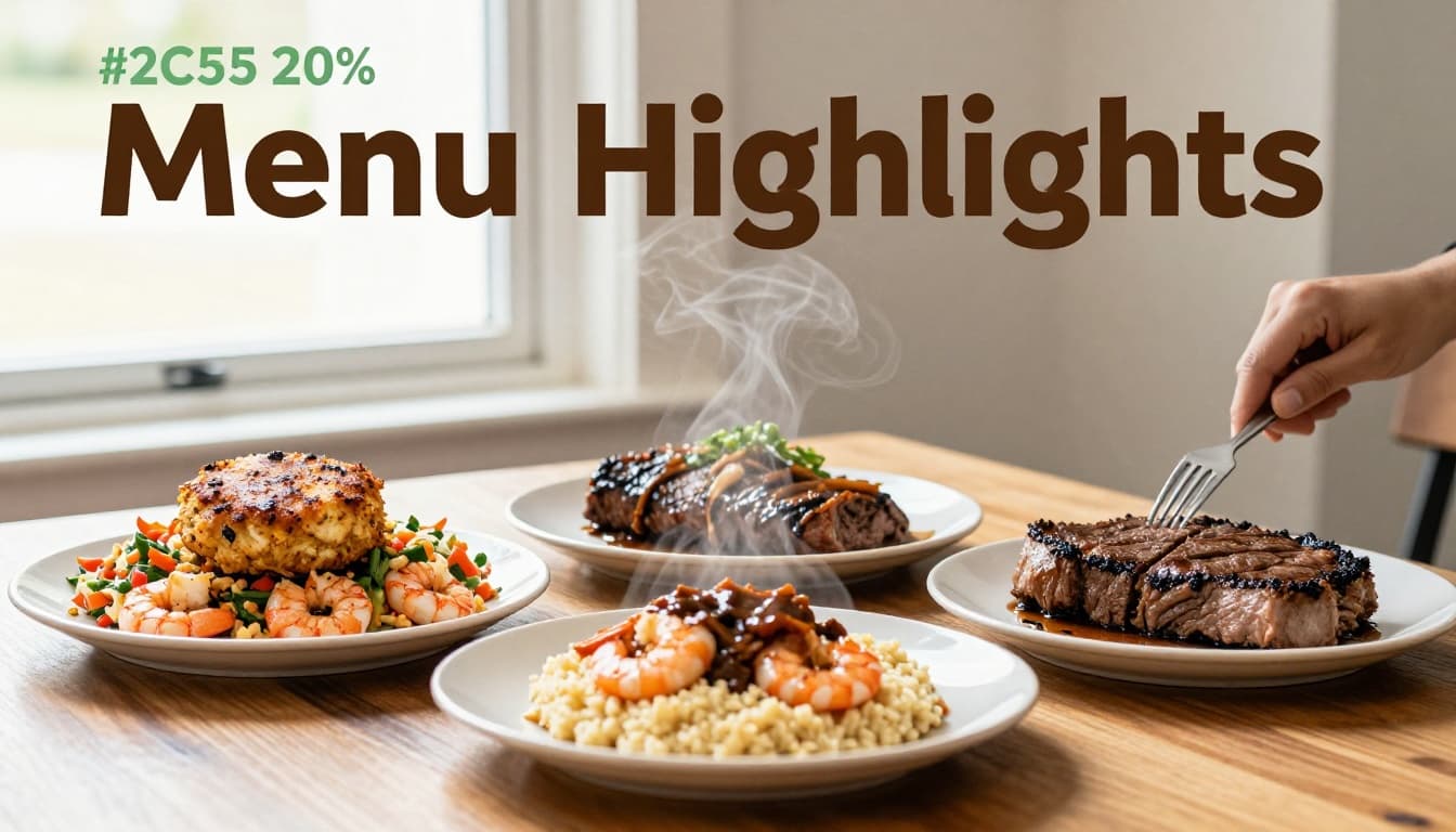 Three plates on wooden table: crab cakes on Cajun slaw, shrimp and tasso over goat cheese grits, steak, with green top band reading 'Menu Highlights'.
