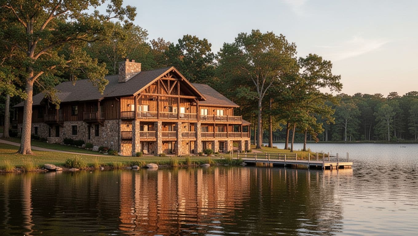 Wood and stone lodge exterior on calm lake shore with balcony rooms, trees, dock in golden evening light.