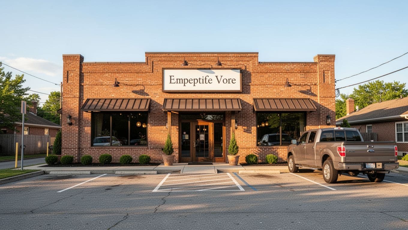 Brick facade of The Junction Restaurant with sign, front entrance, small parking lot and one pickup truck on sunny day, green banner 'Top Flomaton Spot' at top.