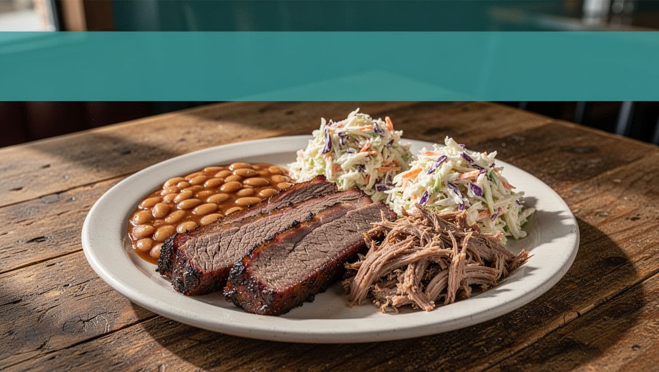 Green band with 'BBQ Pick' headline above plate of smoked brisket, pulled pork, beans, and slaw on wooden table.