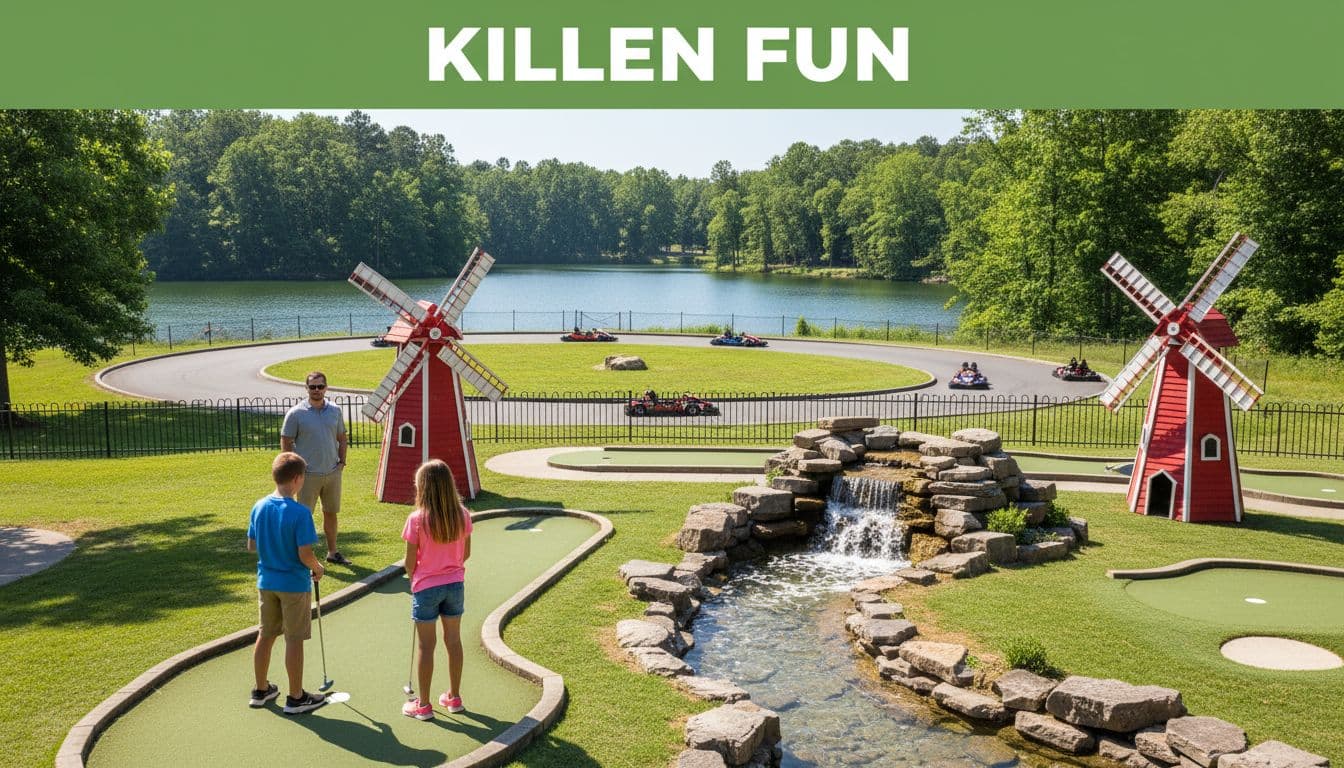 Mini-golf course with windmills and water features at Killen park, two children putting as adult watches, go-karts track nearby, green 'Killen Fun' banner at top.