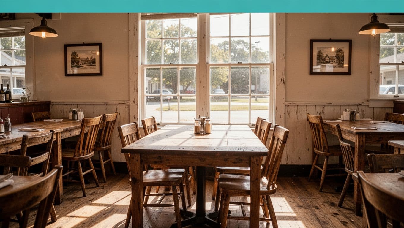 Empty rustic Southern restaurant dining room with wooden tables, simple chairs, and sunlight through large windows, green 'Kinston Dining' band at top.
