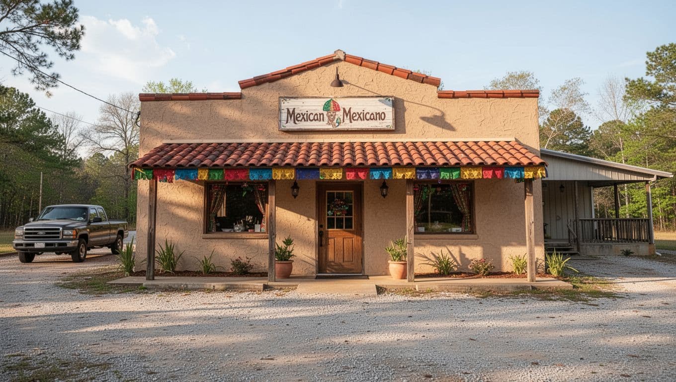 Stucco building with red tile roof, colorful awning, gravel lot, parked pickup truck; green header band with 'La Cabaña' title.